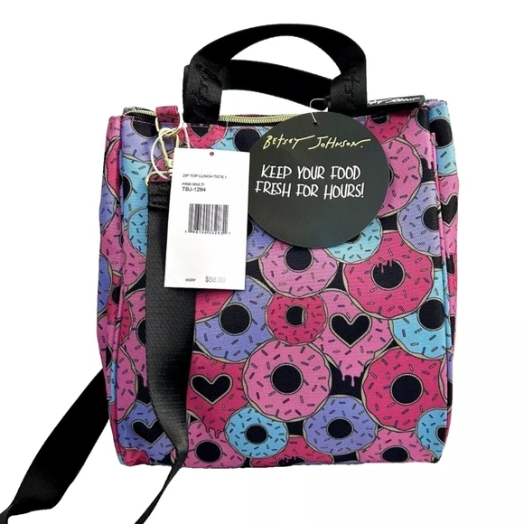 🔹️Betsey Johnson🔹️ Insulated Pink Donut Lunch Tote Size 10"x9"x5" - Picture 3 of 6